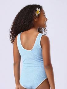 SUMWON 纹理连体泳衣夏季沙滩泳池运动宽肩带露背度假休闲冲浪运动训练游泳 - 藍色 - 查看 3