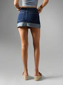 MISSGUIDED Denim Mini Skirt Rigid Wash Fold Over Cuff High Rise Raw Hem Classic Above Knee Summer - Dark Wash - View 2