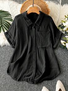 Linhara 大码度假休闲纯色蝙蝠袖衬衫