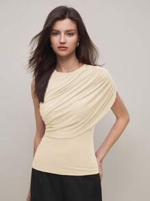 BizChic 2025 Summer New Cream Yellow Ruched Design Batwing Sleeve Women's Top T-Shirt, Business Casual Daily Commute Elegant Beach Resort Suitable For Wedding Guests, Country Music Festival, Brunch, Airport, 90s Retro Stockholm Style, American Independence Day - Apricot - View 4