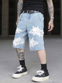 Manfinity EMRG Men's Floral Applique Pocket Casual Versatile Denim Shorts