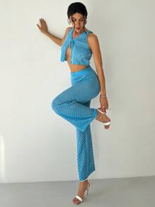 Firerie Ensemble deux pièces femme avec Top ajouré sexy et pantalon large taille haute en tricot - Bleu azur - Voir 4