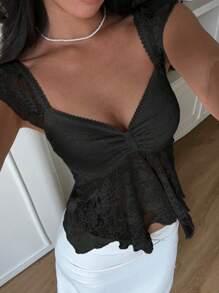 SHEIN EZwear 女士纯色时尚T恤，夏季 - 黑色 - 查看 3