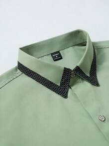 Manfinity Mode 男士格子拼布长袖单排扣休闲通勤衬衫，适合秋季 - 綠色 - 查看 3