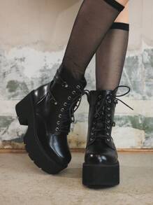 Sugerpunk 女式黑色哥特式系带厚底踝靴，朋克时尚圆头粗跟系带侧拉链战斗靴，舒适休闲 - 黑色 - 查看 4