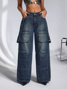 SHEIN ICON Pantalones vaqueros cargo casuales de pierna ancha y suelta con múltiples bolsillos para mujer