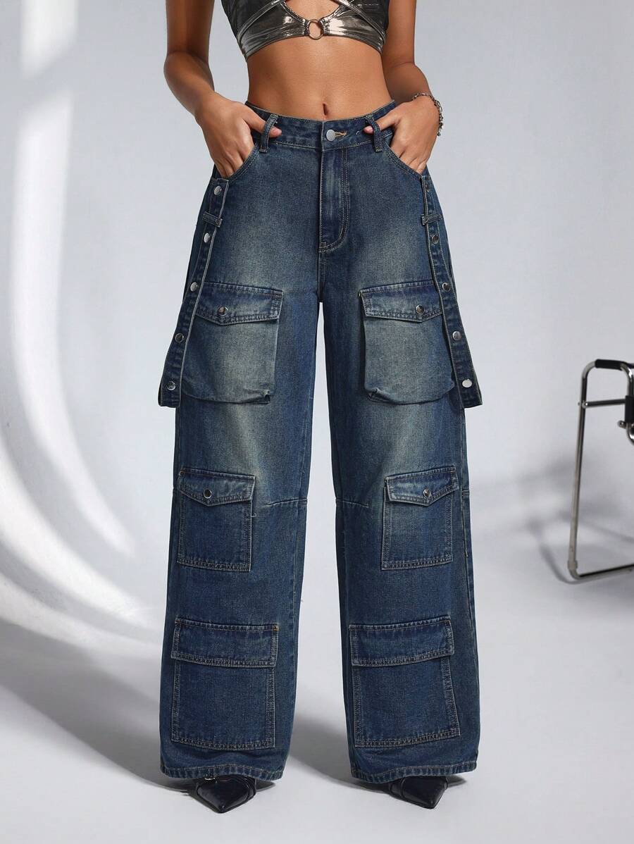 SHEIN ICON Pantalones vaqueros cargo casuales de pierna ancha y suelta con múltiples bolsillos para mujer