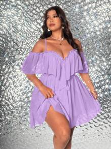 Viva Relle Plus Size Women's Solid Color Off-Shoulder Elegant Ruffled Hem Dress - Mauve Purple - View 6