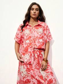 Maija Plus Size Allover Print Short Sleeve Button Down Casual Summer Holiday Shirt