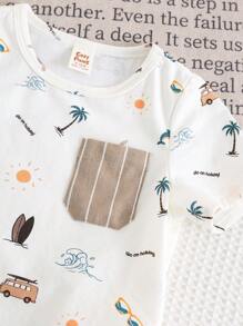 Cozy Pixies 2pcs/Set Baby Boy Cartoon Animal Graphic Soft Knit Turndown Collar Short Sleeve Top And Elastic Waist Shorts