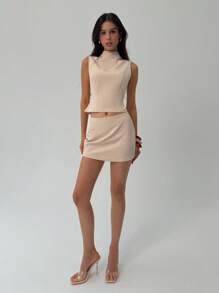 Aloruh 1 conjunto blusa cinza elegante com laço nas costas + saia para uso no escritório - Caqui - Ver 4