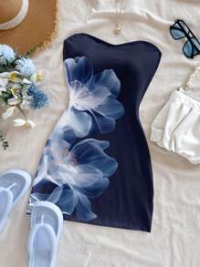 Modelyn 女士花卉印花时尚露肩迷你连衣裙，适合度假穿着