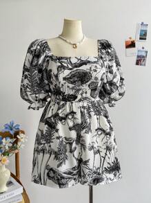 Soleia 大码女式春季方领蓝色手绘花卉印花泡泡袖连体衣 - 黑與白 - 查看 5