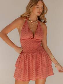 Aralina White Broderie Boho Summer Beach Vacation Halter Neck Shirred Tiered Mini Dress