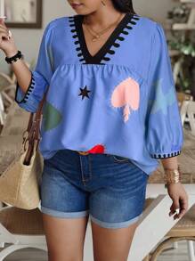 EMERY ROSE Plus Size Random Print Colorful Graffiti Positioning Print Plisse Shirt - Blue - View 3