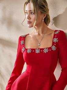 SHEIN Cottnline Rhinstone Embellishment Detailed Square Neck Long Sleeve Princess Shape Elegant Short Dress - Burgundy - View 3