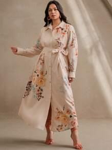 Anewsta Vestido camisero con cintura fruncida y estampado floral elegante para citas, fiestas o vacaciones - Rosa Pálido - Ver 7