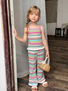 SHEIN Conjunto informal de top de tirantes de colores y pantalones largos a juego para niña, estilo animado y lindo, adecuado para juegos al aire libre, uso cómodo en casa, ejercicio relajado