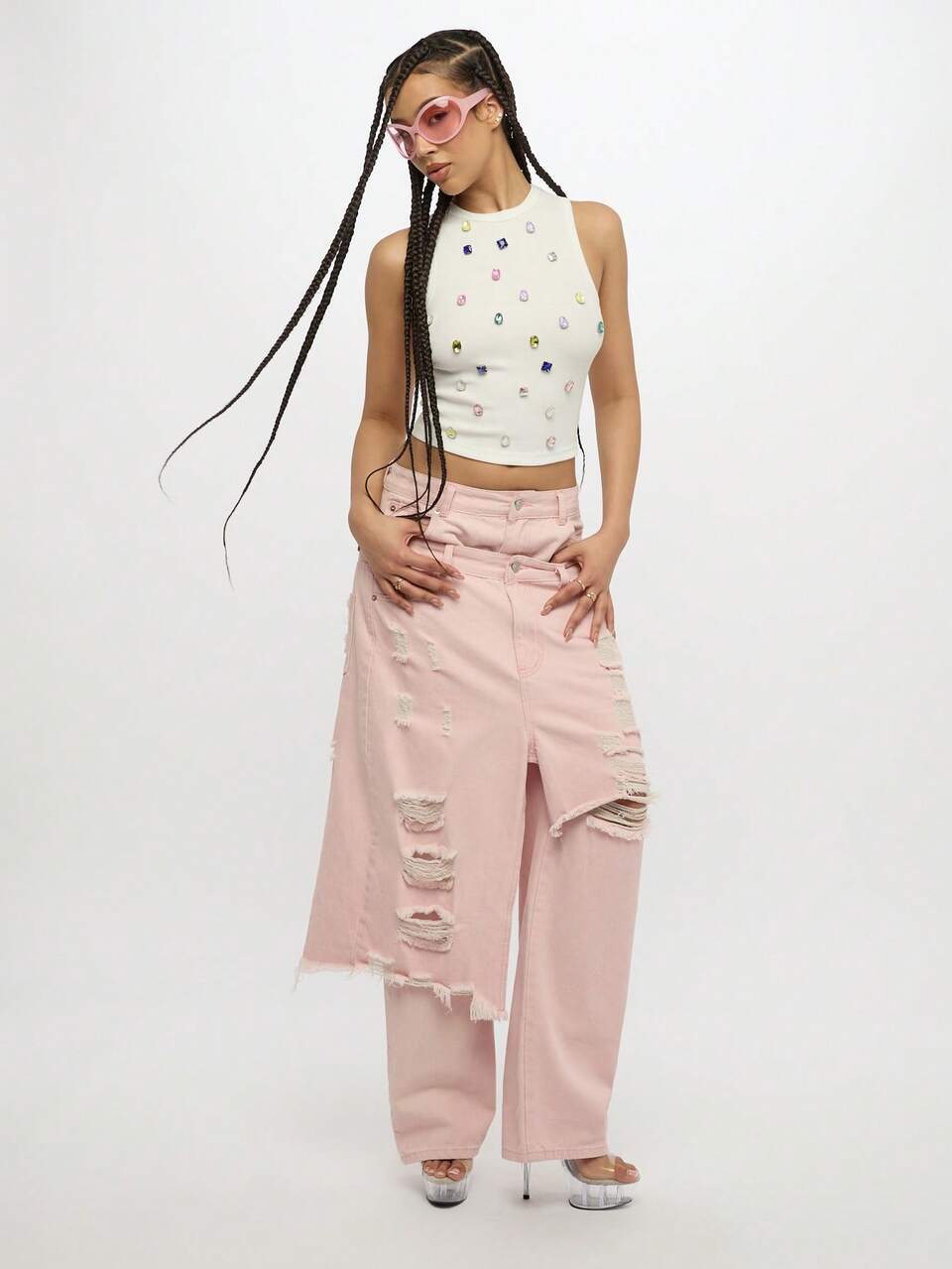 SUMWON WOMEN Retro Crystal Embellished Crop Tank Top