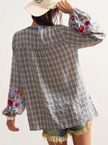 Bohemela 女士格子花卉刺绣长袖上衣 - 彩色 - 查看 7