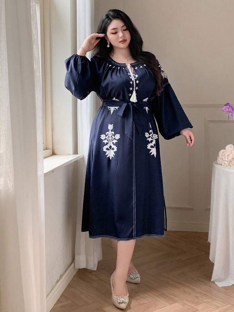 Dazy Plus Plus Size Women Lace-Up Floral Print Split Hem Maxi Dress,