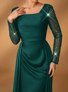 Serin Elegant Luxurious Transparent Long Sleeve Satin Splice Mermaid Beaded & Sequins Shawl, Suitable For Wedding, Party, Holiday, Banquet, Bride, Mother Dress - Dark Green - View 4