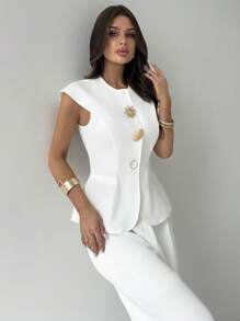 Firerie 女士优雅精致日常通勤时尚金属纽扣装饰泡泡袖修身白色衬衫 - 白色 - 查看 5