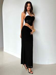 Aloruh Women's Wedding Season Black And White Crop Halter Top And Low Waist Maxi Skirt Two Pieces Outfits For Daily Wear Prom Dresses For Women  Wedding Guest Outfit Women - Black and White - View 6