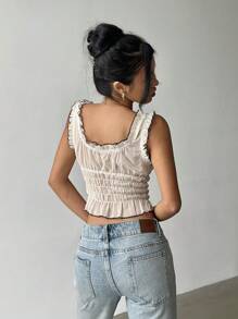 Aloruh 杏色褶皱下摆拼色修身女式衬衫，适合浪漫约会 - 杏色 - 查看 2