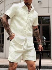 Manfinity CasualCool Men's Wheat Jacquard Casual Holiday Short Sleeve Shirt Set Men 2 Pieces Summer Outfits Loose Summer Two Pieces Set For Men Men 2 Pieces Outfits Short Set Two Pieces Summer Set Men - White - View 4