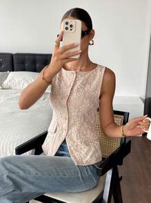 SHEIN Frenchy 女士花卉图案单排扣不对称下摆无袖上衣