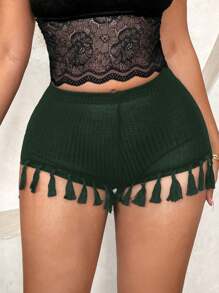 SHEIN SXY Women Mid-Waist Skinny Vacation Tassel Shorts - Dark Green - View 1