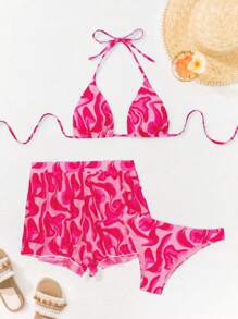 Swim Vcay 3pcs/Set Printed Bikini Swimsuit For Summer Beach Vacation - Hot Pink - View 6