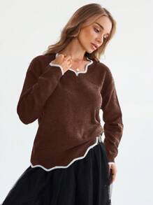 SHEIN LUNE 女士撞色镶边 V 领长袖套头衫、长袖上衣 - 鏽棕色 - 查看 2