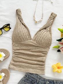 Soleia Women's Vacation Knit White Textured V-Neck, Twisted Shoulder Strap, Ruched Waist Fitted Fashionable Slimming Camisole, For Party, Date, Valentine's Day - Apricot - View 4