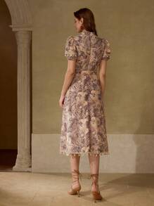 MOTF PREMIUM VESTIDO CON ESTAMPADO COMPLETO Y CINTURÓN - Café - Ver 4