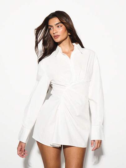 KIZN Vestido-camisa cruzado de popelina de manga larga, longitud mini, profesional para el trabajo, elegante y clásico, con abotonadura, atuendo de oficina para primavera y otoño