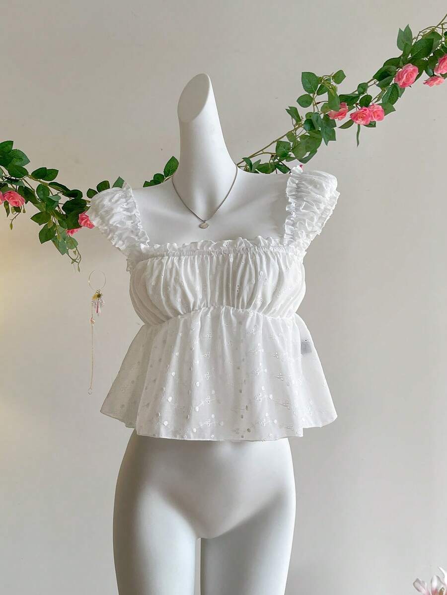 Lunelith SHEIN Lunessa Nouvelle blouse femme à fine bretelle et petite manche épaulette en dentelle blanche, style français, coupe slim, pour l'été