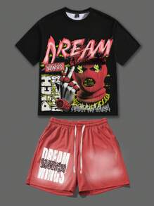 Manfinity EMRG Men Letter & Graphic Print T-Shirt And Drawstring Waist Shorts Set - Multicolor - View 1