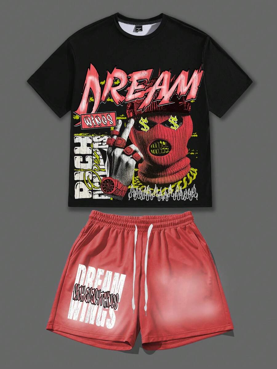 Manfinity EMRG Men Letter & Graphic Print T-Shirt And Drawstring Waist Shorts Set - Multicolor - View 1