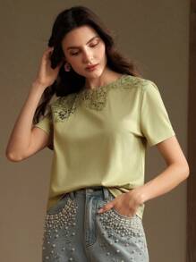 Anewsta Summer New Asymmetrical Lace Patchwork Fashion Women T-Shirt Top - Olive Green - View 7