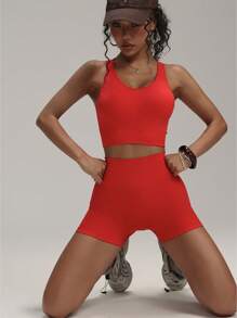 Easithlete Women's Seamless Backless Yoga Set - Red - View 4