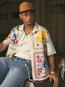 AXEPEAK 时尚街头风格花卉印花短款男士衬衫，街头风格 - 杏色 - 查看 4