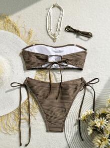 Swim Vcay Summer Women 2pcs Textured Solid Color Shell Strap Decor Halter Tie Bikini Set Set, Handmade Shell Quantity Random - Coffee Brown - View 2
