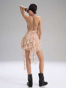 LYSMO Tie-Dye Print Backless Drapey Ruffle Chiffon Mini Dress For Vintage Boho Style 2025 New Arrival - Beige - View 2