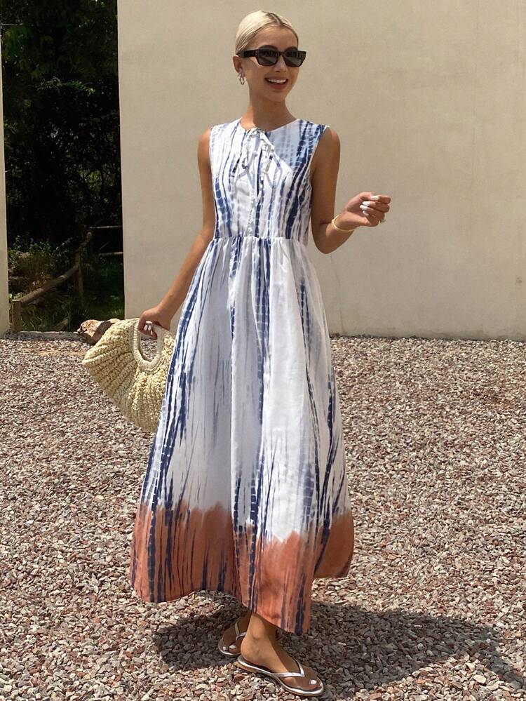 chinese dress ladies Tie dye V Neck Maxi Dress Teal - Casual Loose fit Resort Dress - Bohemian  Beach Maxi Dress Tie Dye main image 0