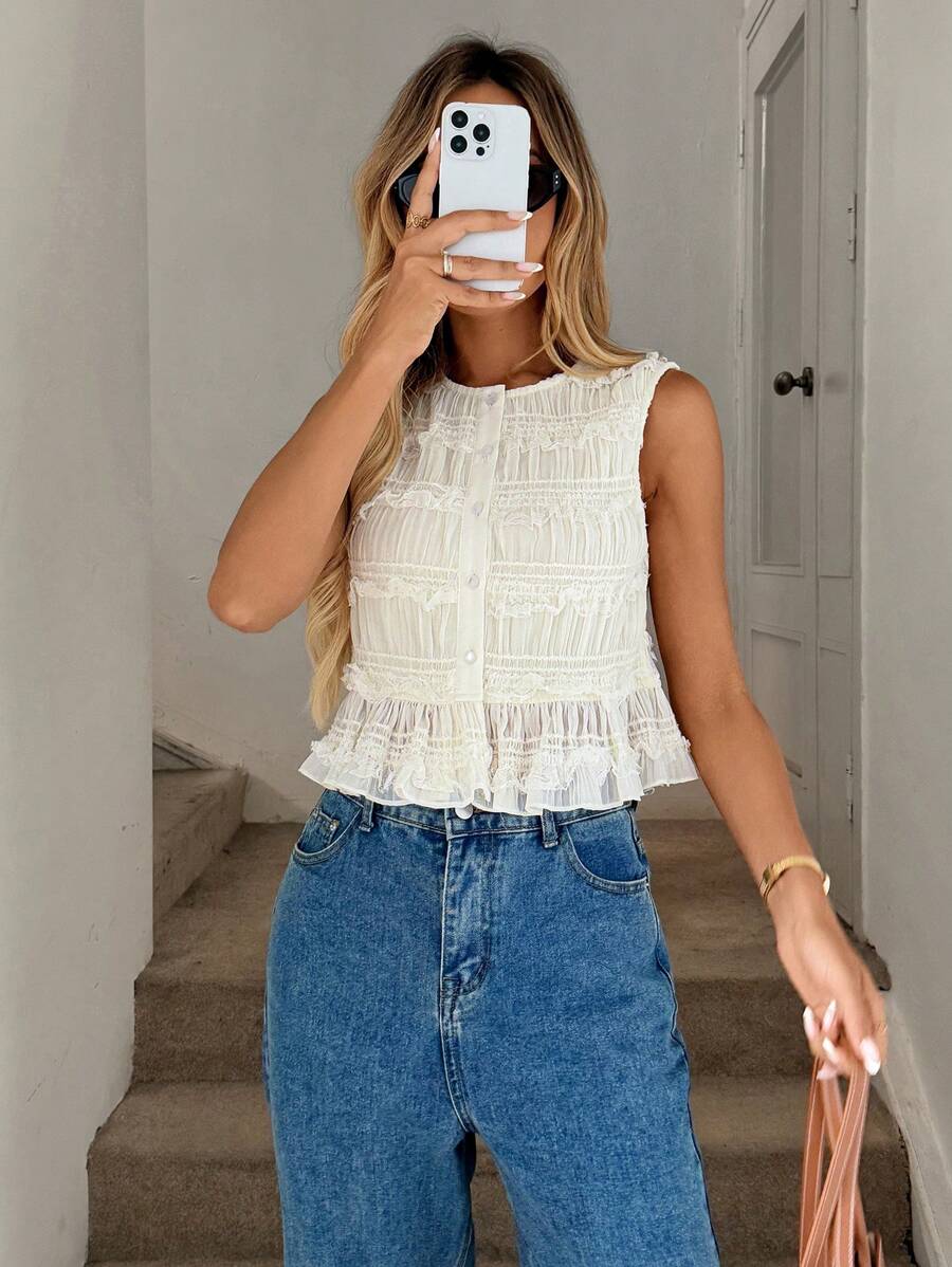 Easowa Áo kiểu nữ không tay, cổ tròn, cài cúc phía trước, chất liệu chiffon xếp ly, viền bèo nhún, phong cách thường ngày, thanh lịch, thích hợp cho kỳ nghỉ hè, đi chơi. Áo nữ đi nghỉ mát dễ thương, áo mùa hè xinh xắn, phong cách cổ điển, áo nữ đi nghỉ mát. - Màu be - Xem 1