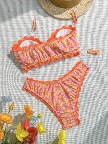 Swim Mod Set de 2 piezas 2025 Nuevo top de bikini con volantes y estampado floral aleatorio y Bottom, traje de baño sexy para playa
