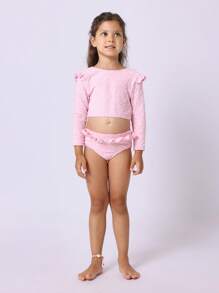 SUMWON Summer Beach Two-Piece Textured Long Sleeve Girls Swimming Suit With Ruffle Trim For Pool Beach Vacation Travel Swimming Lessons Dance