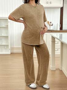 SHEIN Maternity Casual Round Neck Short Sleeve Top And Straight Leg Pants Set, Distressed Washed Relaxed Fit - Khaki - View 6